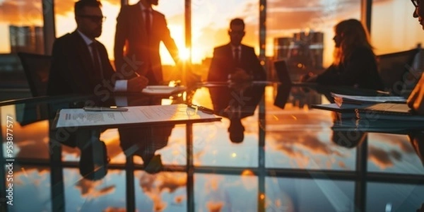 Fototapeta A group of professionals in a conference room during the sunset.