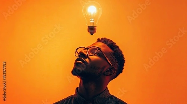 Fototapeta Thoughtful man lightbulb floats above head bright orange background glowing with ideas simple yet effective design conceptual creative focus inspiration