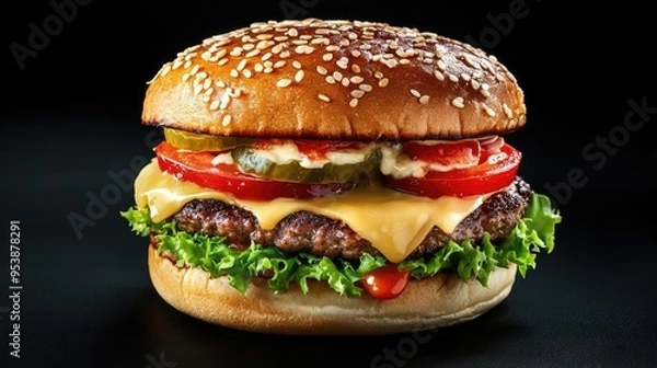 Fototapeta A towering juicy beef burger with fresh vegetables and melted cheese dripping with sauce captured mid-bite against a dark black backdrop with precise follow lighting focusing on th