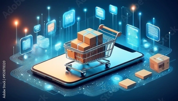 Obraz Illustration of a miniature shopping cart placed on a smartphone, filled with branded product boxes, in an abstract environment representing global connectivity. Generative AI
