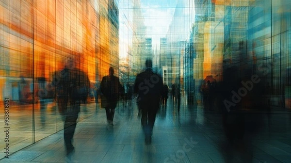 Fototapeta Abstract Blurred Cityscape with Silhouetted Figures
