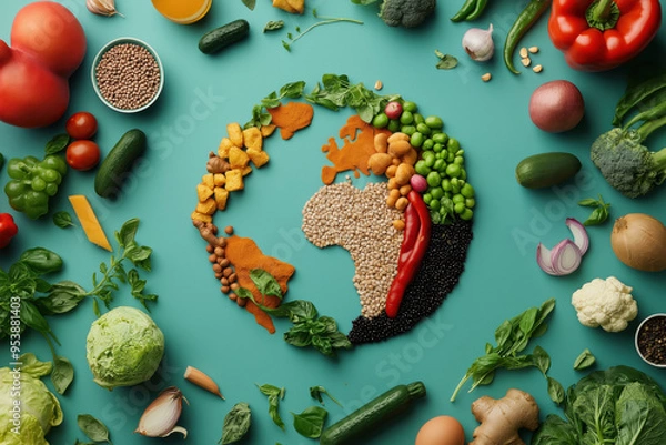 Fototapeta World map created from vegetables and grains, highlighting global food sustainability and healthy diets. World Vegetarian Day