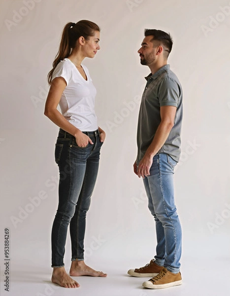 Fototapeta Tall woman and shorter man dating, relationship, height difference comparison concept, tall and short, tall girl beside a short man 