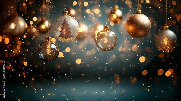 Obraz Christmas background with hanging gold and transparent baubles.  Space for text. 