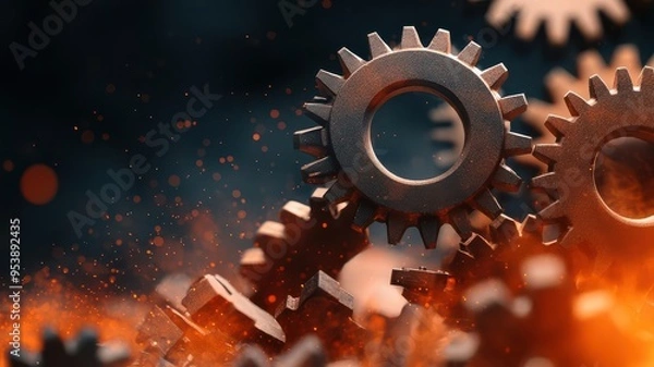 Fototapeta Broken gears and cogs spilling out of a traditional business machine, Steampunk, High contrast