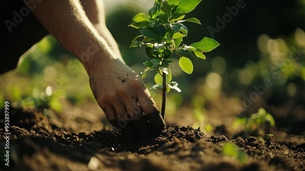 Fototapeta A person planting a tree in a community garden, feeling a deep connection to the earth and future generations, their expression peaceful and purposeful