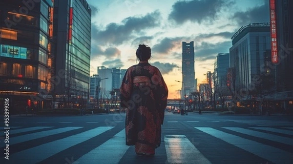 Fototapeta A person in traditional clothing standing at the crossroads of a modern city, their expression one of pride and contemplation, symbolizing the balance of past and present