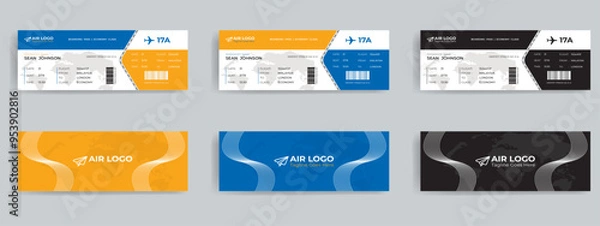 Obraz Realistic airline ticket design with passenger name. Vector illustration,  Vector illustration of pattern of airline boarding pass ticket in red colors. Concept of travel, journey or business trip