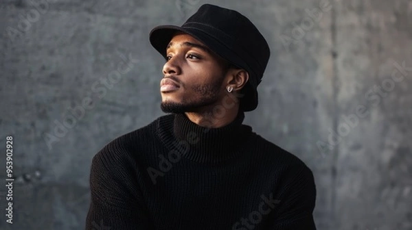 Obraz African American Man in black sweater and black bucket hat