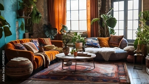 Obraz Cold living room cozy touch fancy furniture bohemian vibes