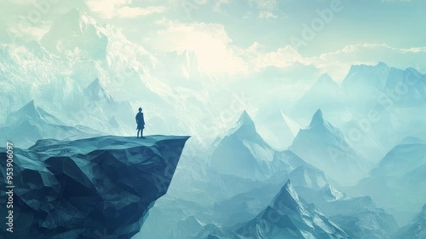 Fototapeta A person standing on the edge of a cliff, looking out at a landscape where mountains are made of paper and fold like origami, symbolizing the fragility of their reality