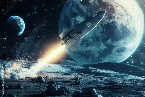 Fototapeta A futuristic rocket launching into space, surrounded by celestial bodies and a vibrant cosmic backdrop.