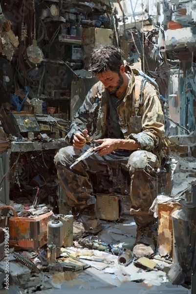 Obraz Resourceful Individual Crafting Tools in a Collapsed Society for Survival and Ingenuity