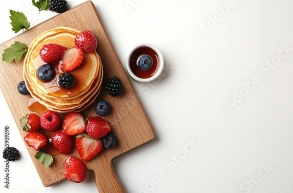 Obraz Pancakes with Strawberries and Blueberries on a Wooden Cutting Board