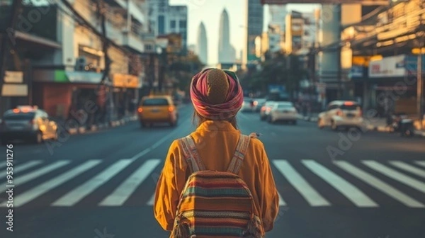 Fototapeta Urban explorer in vibrant city, facing busy street with iconic architecture in the background, showcasing travel and adventure vibes.