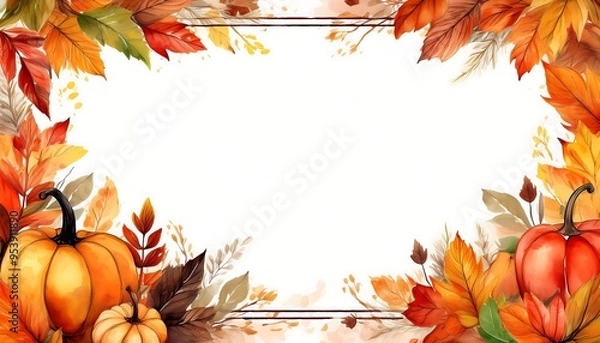 Fototapeta Autumn-themed rectangular border watercolor painting with a white background, an autumn color palette
