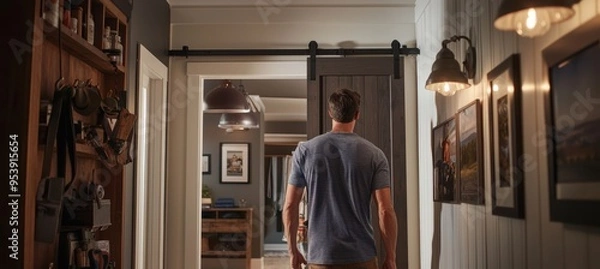 Fototapeta Man Installing Sliding Barn Door in Modern Hallway with Family Photos and Contemporary Lighting