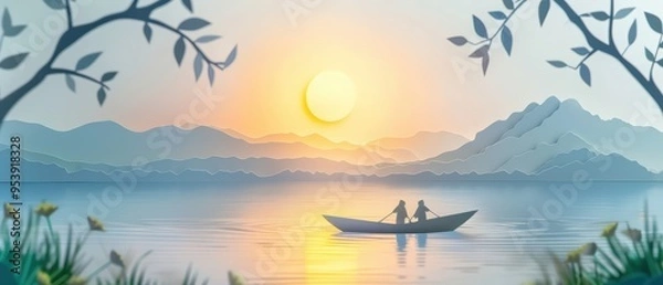 Fototapeta Serene sunset over calm water, featuring a boat with two figures, surrounded by mountains and lush greenery.