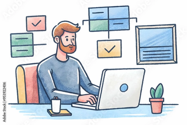 Fototapeta A man is sitting at a desk with a laptop and a cup of coffee. He is focused on his work and he is in a serious mood