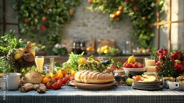 Fototapeta A fresh vibrant brunch table with 3D-rendered seasonal produce and artisanal bread