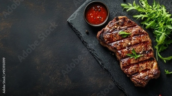 Obraz A high-quality stock image of a juicy grilled steak with garnish on the right side, leaving space on the left for text. Perfect for food menus, steakhouse promotions, and culinary displays.