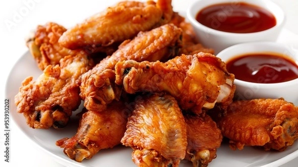 Fototapeta Crispy chicken wings on a platter with multiple dipping sauces, offering a tasty and enjoyable food experience
