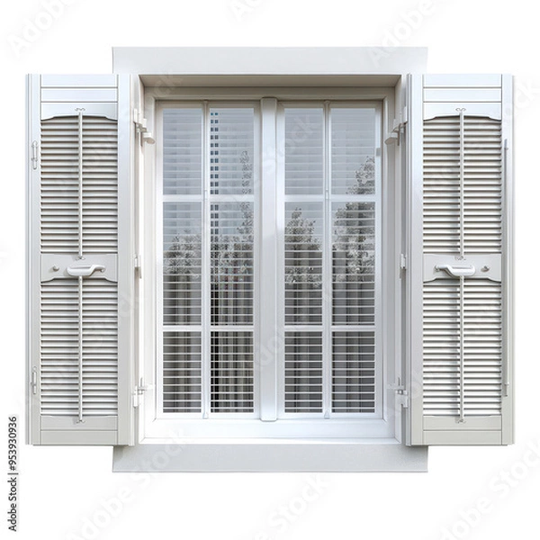 Fototapeta Elegant French Windows with Shutters - Architectural Element in Photorealistic Style on White Background