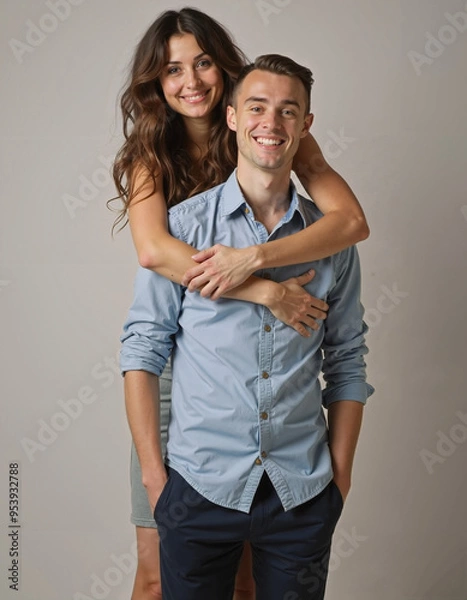 Fototapeta Tall woman and shorter man dating, relationship, height difference comparison concept, tall and short, tall girl beside a short man