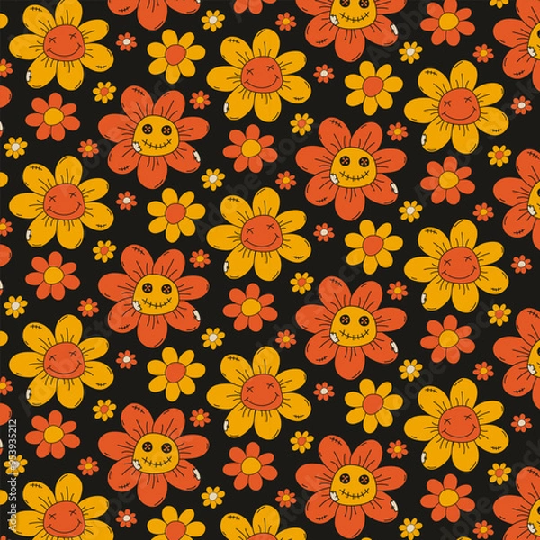 Fototapeta A pattern with bright Halloween colors on a dark background in a flat style