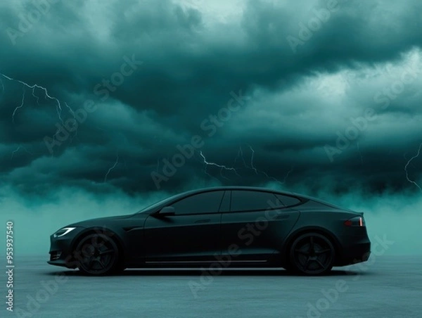 Fototapeta A sleek, minimalistic EV car amidst an electric storm, digital networks visible across the sky, blending technology and nature