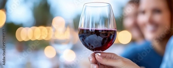 Fototapeta A happy family enjoying a summer BBQ supper outside while sipping red wine - A variety of ages enjoying a weekend meal - Summer food, flavour, and concept - Emphasis on toasting with hands.