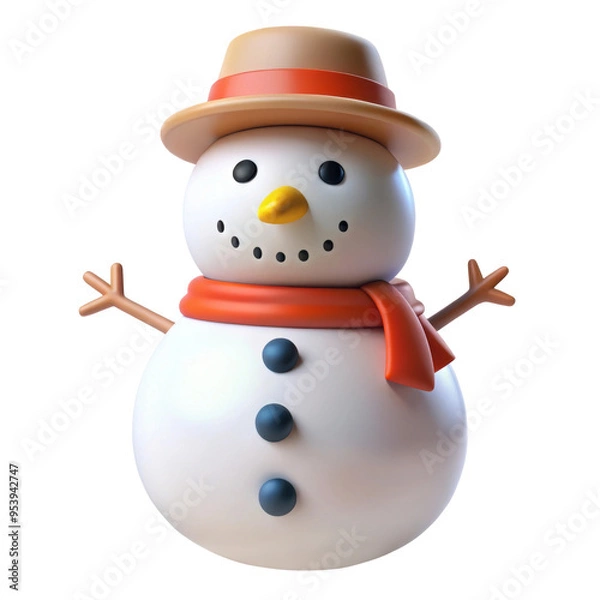 Fototapeta 3D snowman wearing a hat and scarf, featuring button eyes, a carrot nose, and stick arms. Perfect for winter and Christmas themes. Isolated on transparent background, png.