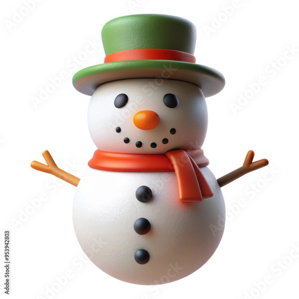 Fototapeta 3D snowman wearing a green hat and orange scarf, complete with button eyes, a carrot nose, and stick arms. Design for Christmas and winter themes. Isolated on transparent background, png.