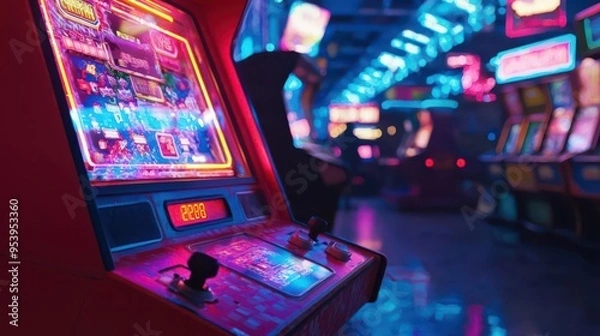 Fototapeta A retro arcade machine glowing under neon lights with a mysterious figure controlling the game from the shadows