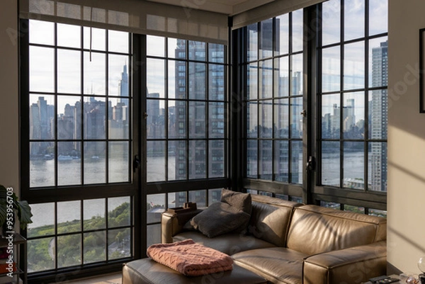 Fototapeta A cozy living room with large windows offering views of the New York City skyline. Highlighting urban architecture and nature