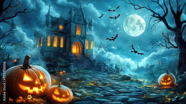 Fototapeta Spooky Halloween Castle With Bats