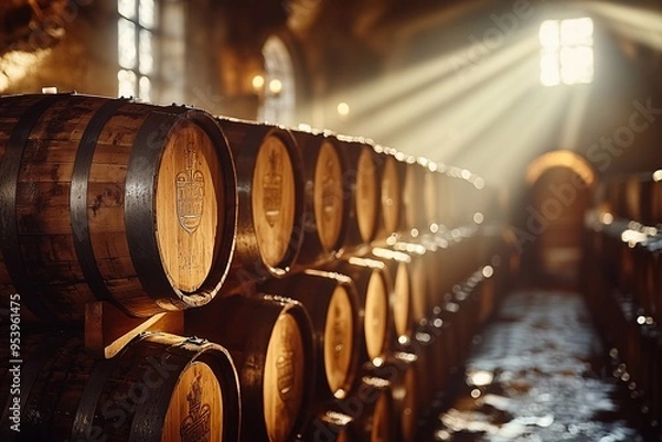 Fototapeta A stack of whiskey barrels in the cellar