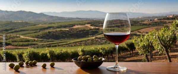 Obraz Sherry Glass with Olives and Andalusian Vineyard View