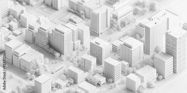 Obraz Isometric White City Model, Clean Aerial View of Simplified Urban Layout, Buildings and Streets in a Minimalist Style, Monochrome Architecture Design