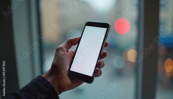 Fototapeta Hand holding blank smartphone screen at dusk against blurred city lights