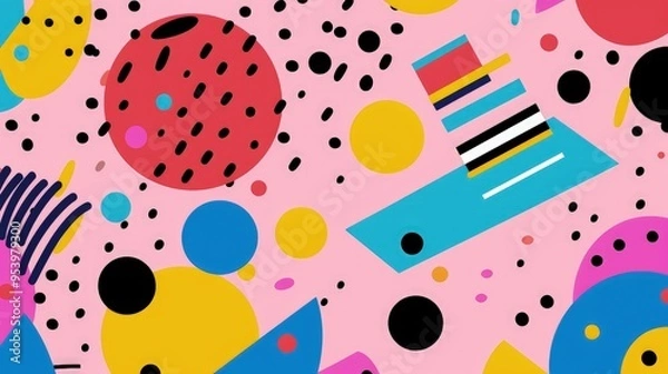 Fototapeta A vibrant abstract design featuring colorful shapes and patterns on a pink background, perfect for graphic resources.