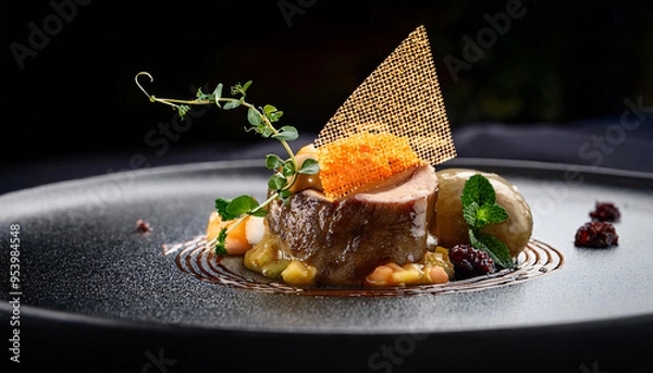 Obraz A close-up of a perfectly plated gourmet dish with intricate food presentation, set against a dark, elegant background to highlight the dish's details.