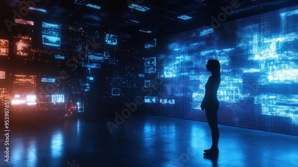 Fototapeta Silhouette of a person in a dark room surrounded by futuristic digital technology screens glowing in blue and red light.