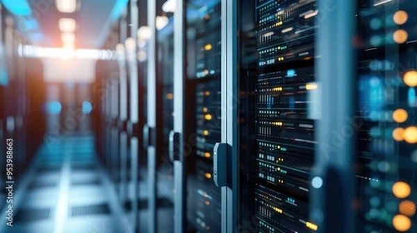 Obraz Server Room with Rows of Network Servers