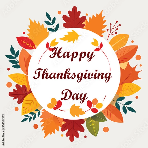 Fototapeta A round frame with leaves and a circle that says happy thanksgiving