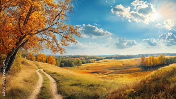 Obraz Wonderful landscape during autumn, sunny rural panoramic view. Countryside scenery. Typical autumn colors. Wonderful landscape during fall season, typical orange, brown automn colors. Tranquil scenery
