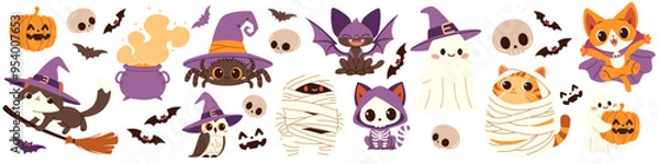 Fototapeta Vector set of cute Halloween illustrations. Cats in different costumes mummy spider ghosts dracula witch owl bat skeletons pumpkin. . Vector illustration