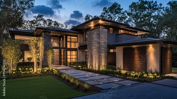 Obraz Elegant modern home design with warm golden yellow lighting at dusk