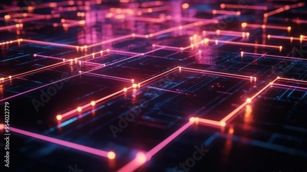 Fototapeta A cinematic representation of a glowing digital grid with vibrant pink and blue light paths, illustrating advanced technological circuitry.

