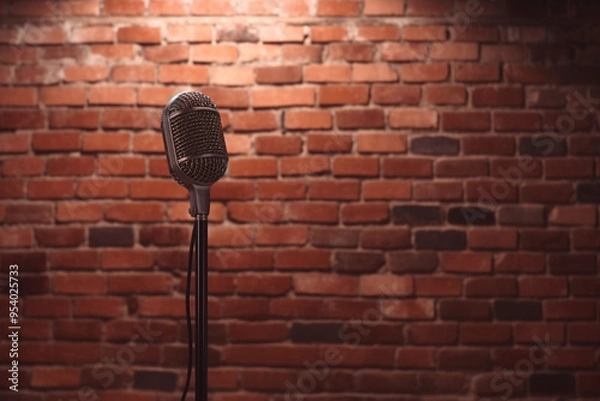 Obraz Stand up comedy stage microphone background brick wall.